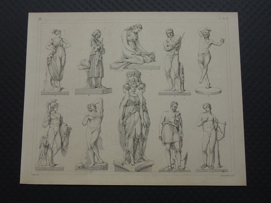 Oude prent kunstgeschiedenis Beeldhouwwerken Michelangelo Originele antieke print Bertel Thorvaldsen Germain Pilon Kunst Beeldhouwkunst vintage illustratie Beeldhouwer
