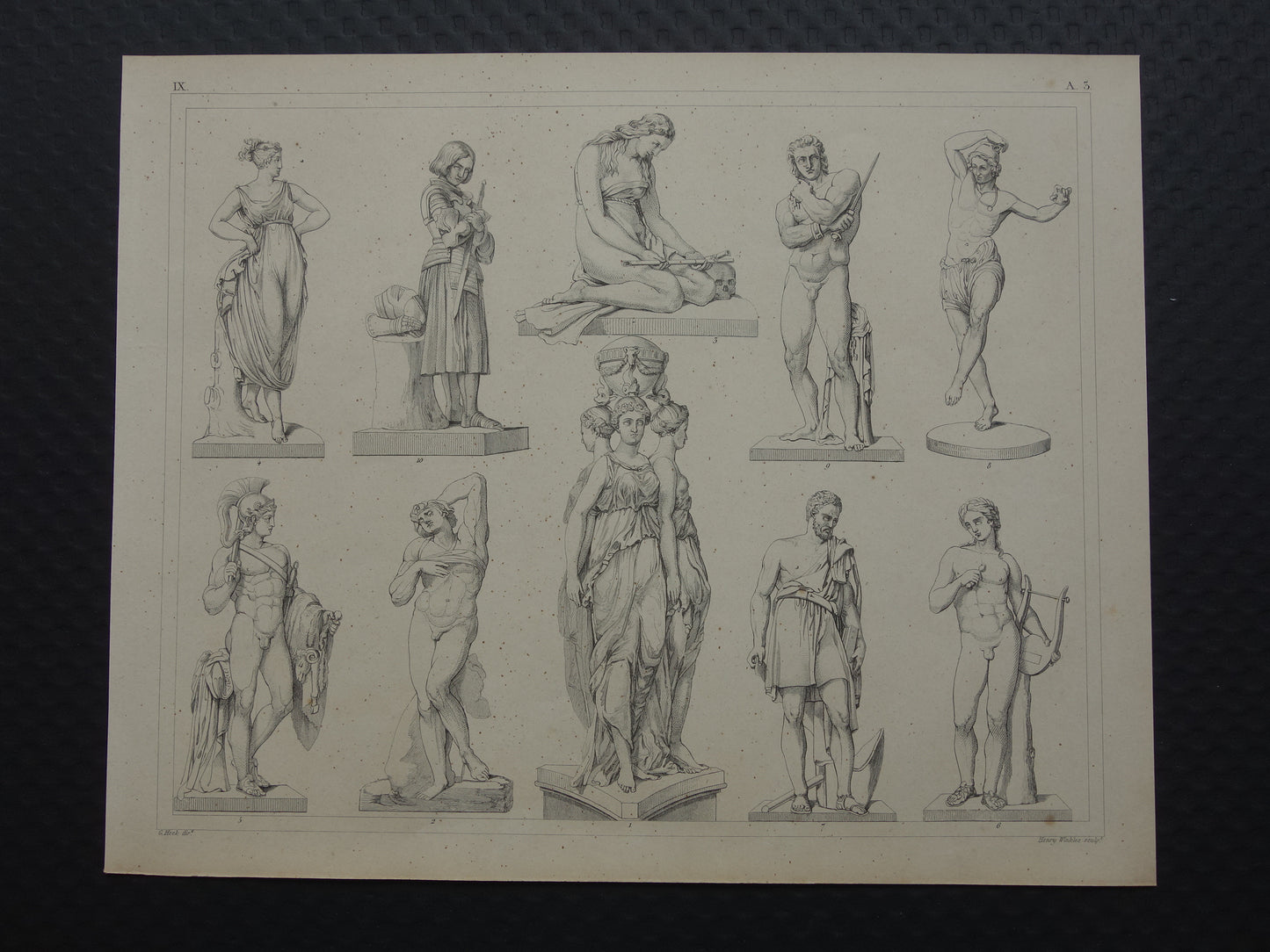 Oude prent kunstgeschiedenis Beeldhouwwerken Michelangelo Originele antieke print Bertel Thorvaldsen Germain Pilon Kunst Beeldhouwkunst vintage illustratie Beeldhouwer