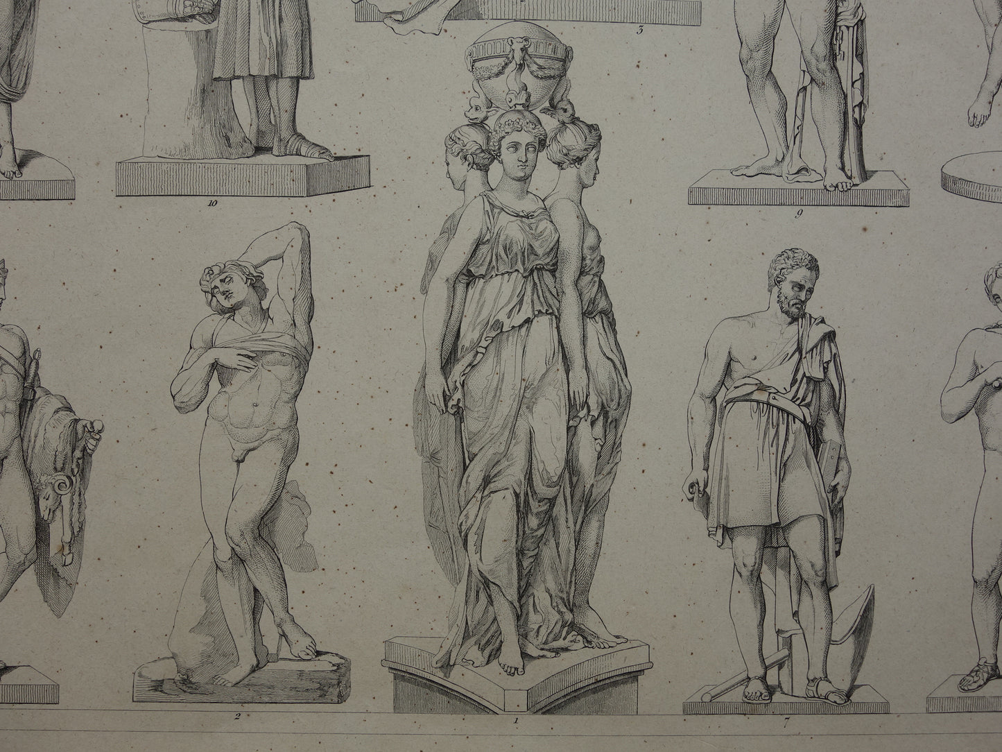Oude prent kunstgeschiedenis Beeldhouwwerken Michelangelo Originele antieke print Bertel Thorvaldsen Germain Pilon Kunst Beeldhouwkunst vintage illustratie Beeldhouwer