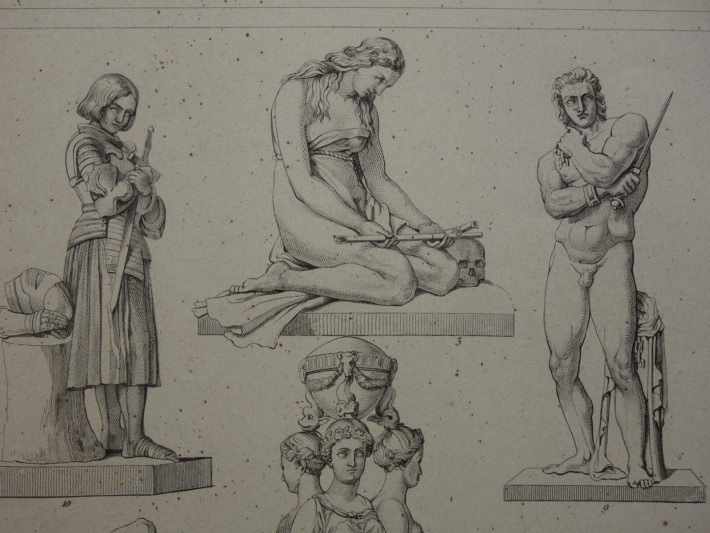 Oude prent kunstgeschiedenis Beeldhouwwerken Michelangelo Originele antieke print Bertel Thorvaldsen Germain Pilon Kunst Beeldhouwkunst vintage illustratie Beeldhouwer