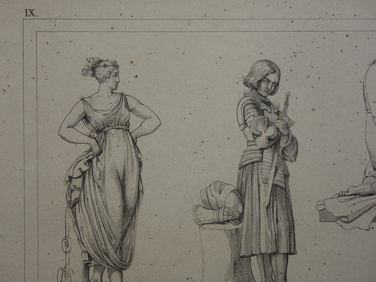 Oude prent kunstgeschiedenis Beeldhouwwerken Michelangelo Originele antieke print Bertel Thorvaldsen Germain Pilon Kunst Beeldhouwkunst vintage illustratie Beeldhouwer