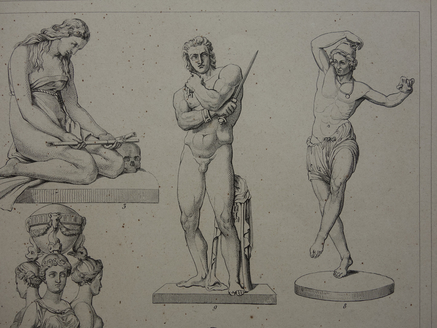 Oude prent kunstgeschiedenis Beeldhouwwerken Michelangelo Originele antieke print Bertel Thorvaldsen Germain Pilon Kunst Beeldhouwkunst vintage illustratie Beeldhouwer