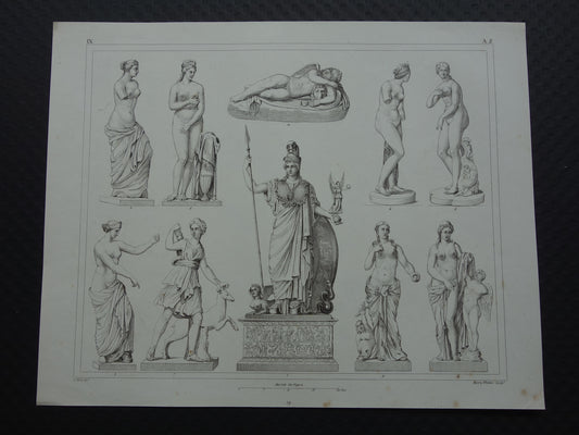 Oude prent kunstgeschiedenis Griekse beelden Phidias Minerva Originele antieke print Venus de Milo Kunst Beeldhouwkunst vintage illustratie Beeldhouwwerken