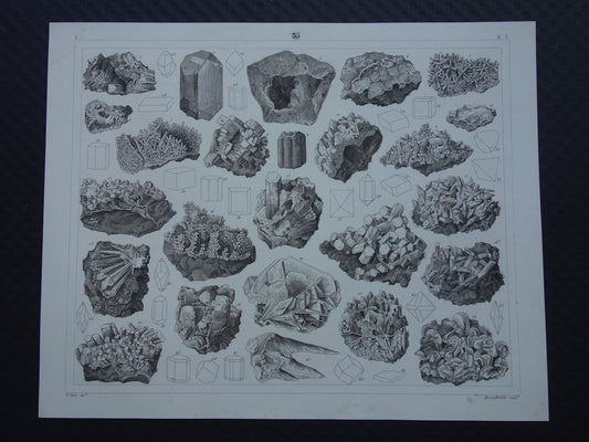 Mineralen en Kristallen antieke gravure 175+ jaar oude originele print kristal steen mineraal edelsteen vintage illustratie afbeelding mineralogie