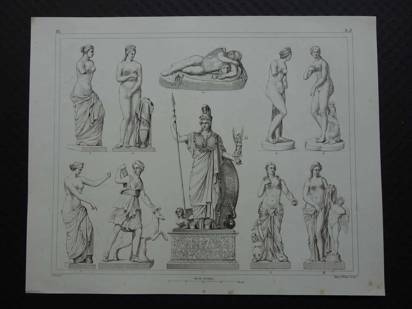 Oude prent kunstgeschiedenis Griekse beelden Phidias Minerva Originele antieke print Venus de Milo Kunst Beeldhouwkunst vintage illustratie Beeldhouwwerken