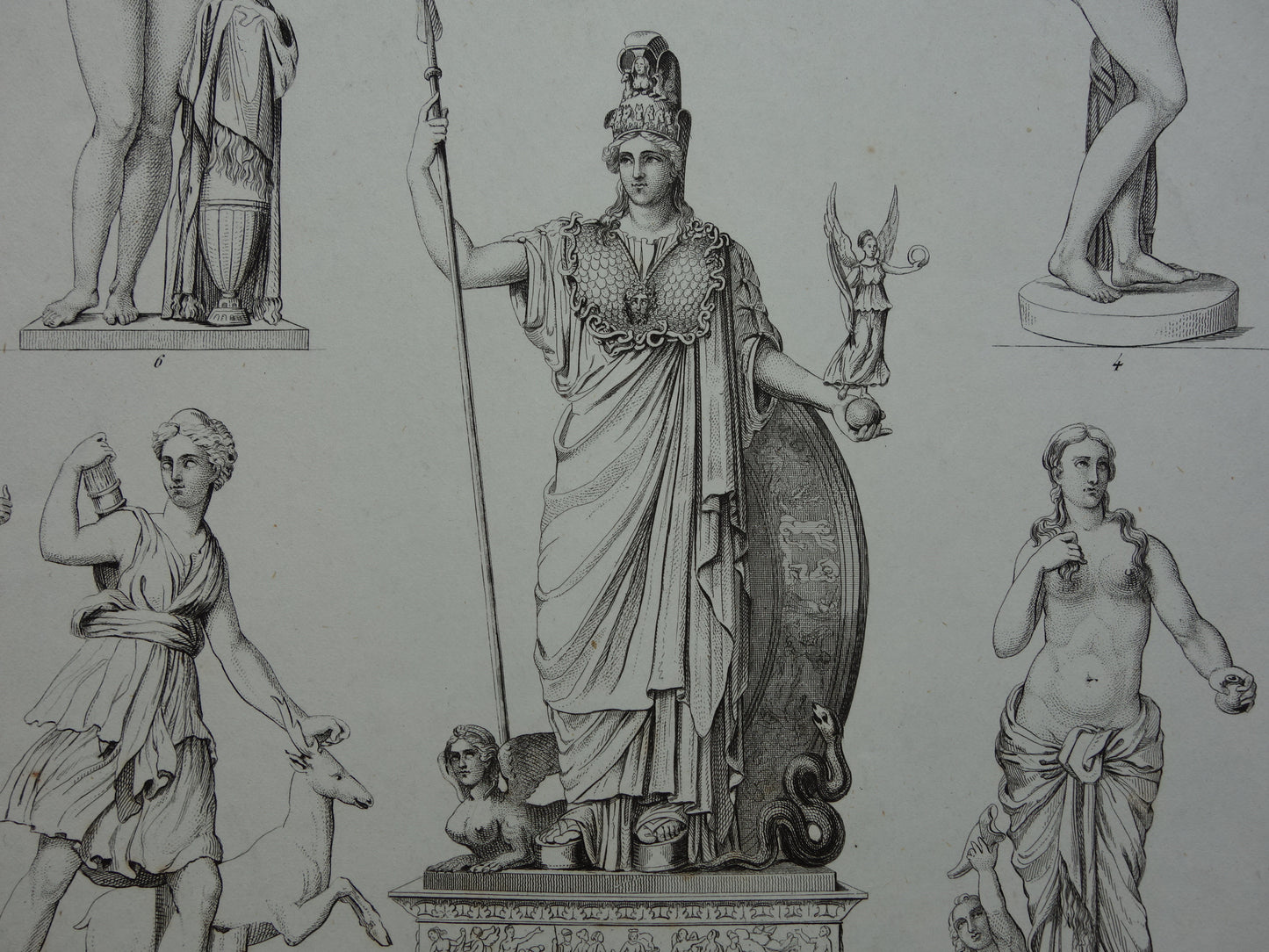 Oude prent kunstgeschiedenis Griekse beelden Phidias Minerva Originele antieke print Venus de Milo Kunst Beeldhouwkunst vintage illustratie Beeldhouwwerken