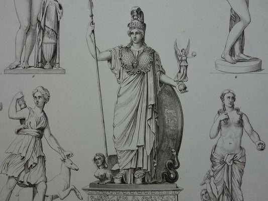 Oude prent kunstgeschiedenis Griekse beelden Phidias Minerva Originele antieke print Venus de Milo Kunst Beeldhouwkunst vintage illustratie Beeldhouwwerken
