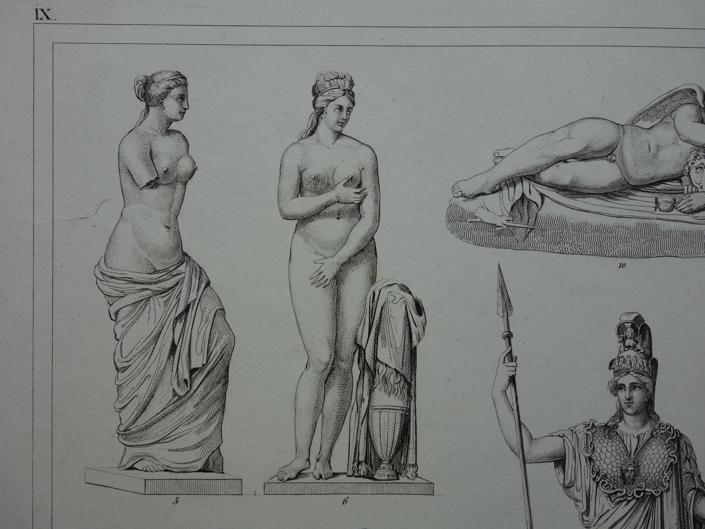 Oude prent kunstgeschiedenis Griekse beelden Phidias Minerva Originele antieke print Venus de Milo Kunst Beeldhouwkunst vintage illustratie Beeldhouwwerken