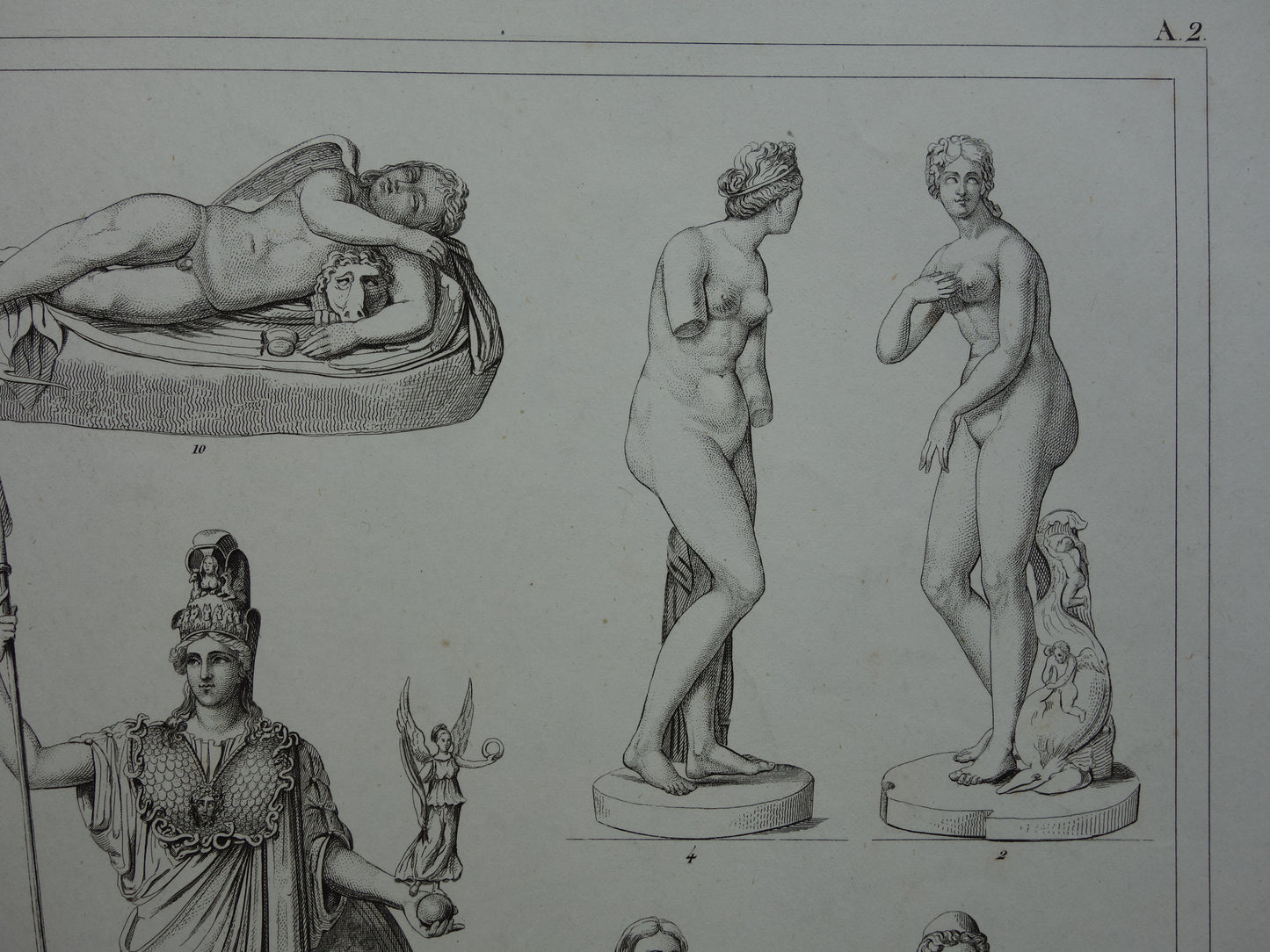 Oude prent kunstgeschiedenis Griekse beelden Phidias Minerva Originele antieke print Venus de Milo Kunst Beeldhouwkunst vintage illustratie Beeldhouwwerken