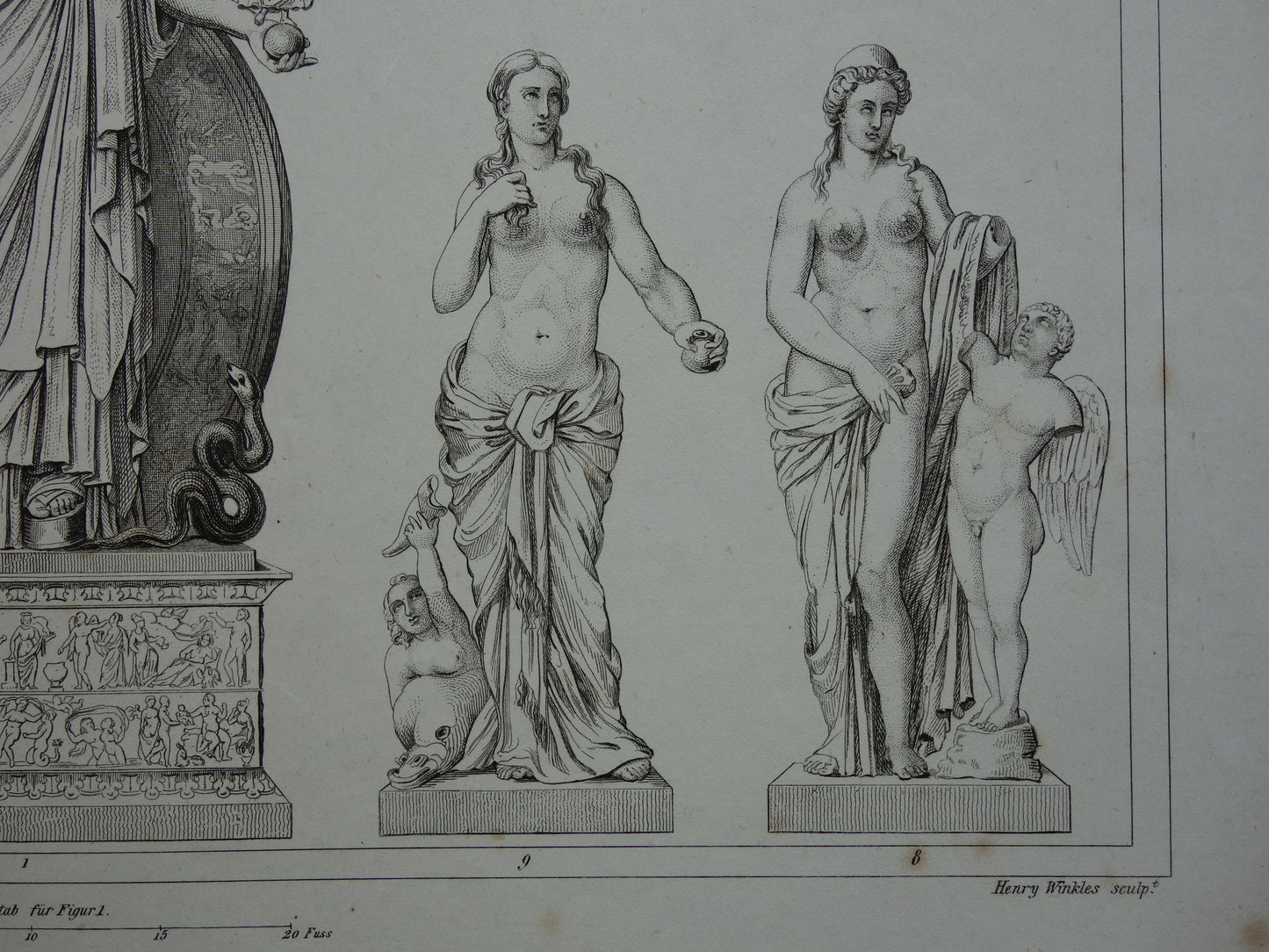 Oude prent kunstgeschiedenis Griekse beelden Phidias Minerva Originele antieke print Venus de Milo Kunst Beeldhouwkunst vintage illustratie Beeldhouwwerken