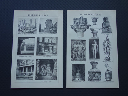INDIA antieke prent van Indiase kunst en architectuur 1908 originele Nederlandse oude illustratie over stoepa tempel Orissa Rajarani Ellora grotten Karla