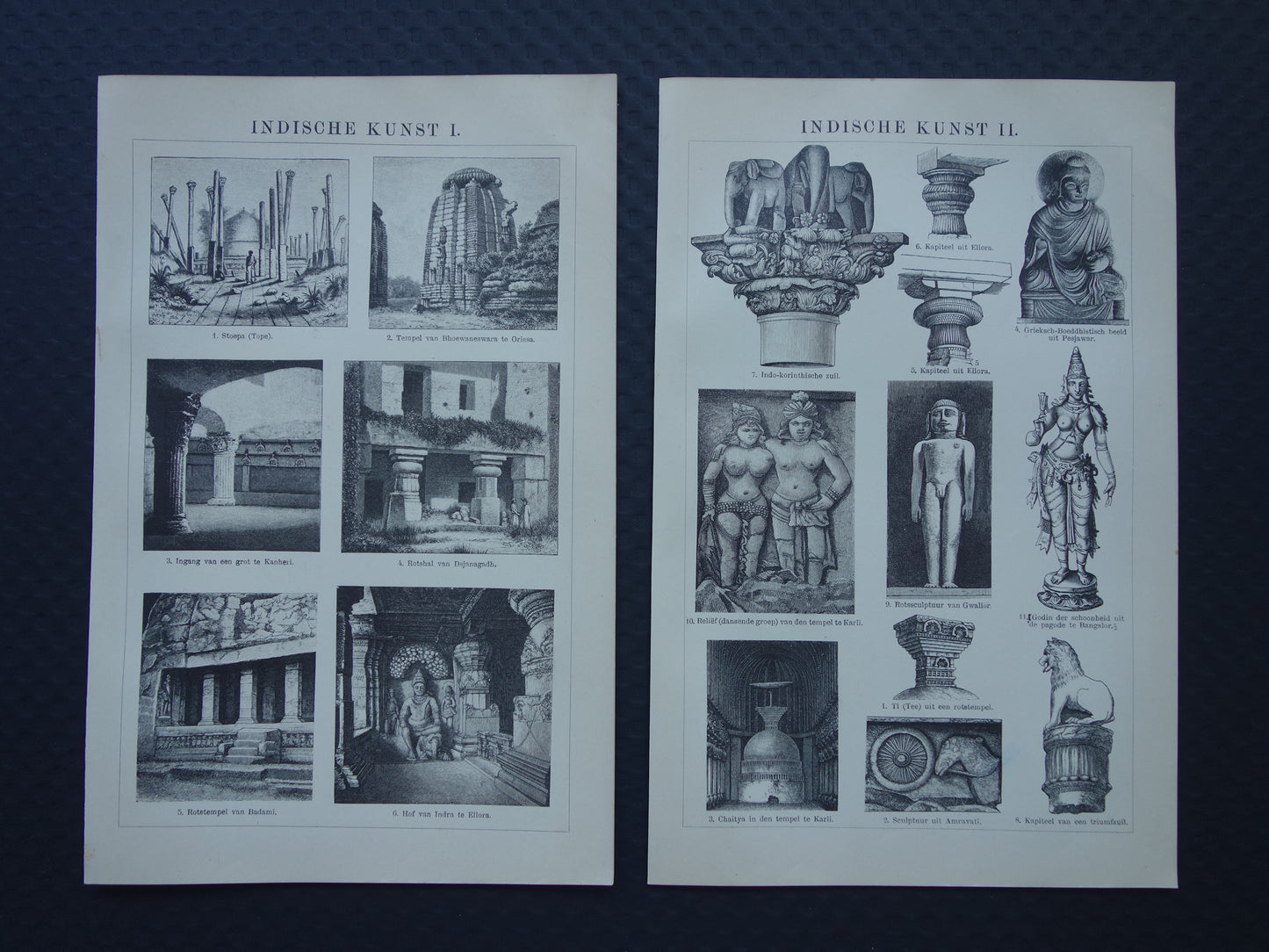 INDIA antieke prent van Indiase kunst en architectuur 1908 originele Nederlandse oude illustratie over stoepa tempel Orissa Rajarani Ellora grotten Karla