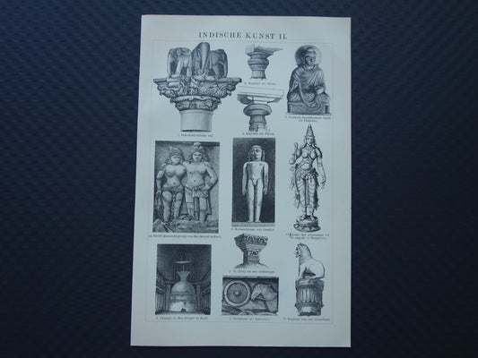 INDIA antieke prent van Indiase kunst en architectuur 1908 originele Nederlandse oude illustratie over stoepa tempel Orissa Rajarani Ellora grotten Karla