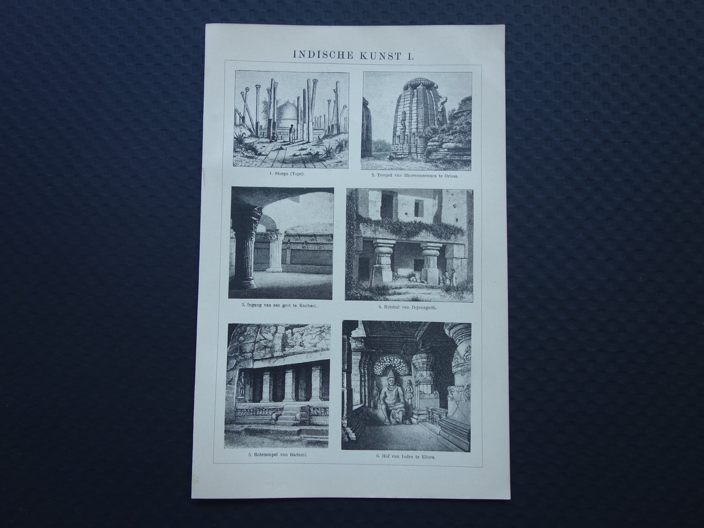 INDIA antieke prent van Indiase kunst en architectuur 1908 originele Nederlandse oude illustratie over stoepa tempel Orissa Rajarani Ellora grotten Karla