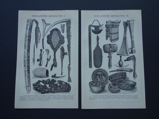 INDIANEN Antieke prent uit 1908 originele Nederlandse oude illustraties van gereedschappen, wapens en kunst, inheemse volken, Amerika, indiaanse Inuit, demerara