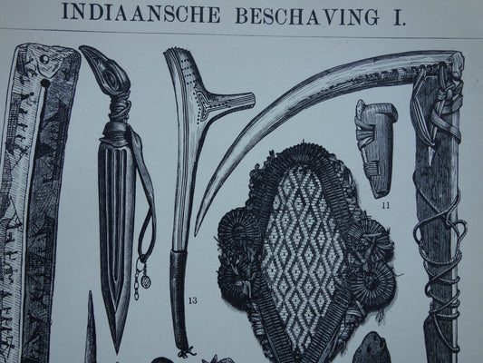 INDIANEN Antieke prent uit 1908 originele Nederlandse oude illustraties van gereedschappen, wapens en kunst, inheemse volken, Amerika, indiaanse Inuit, demerara