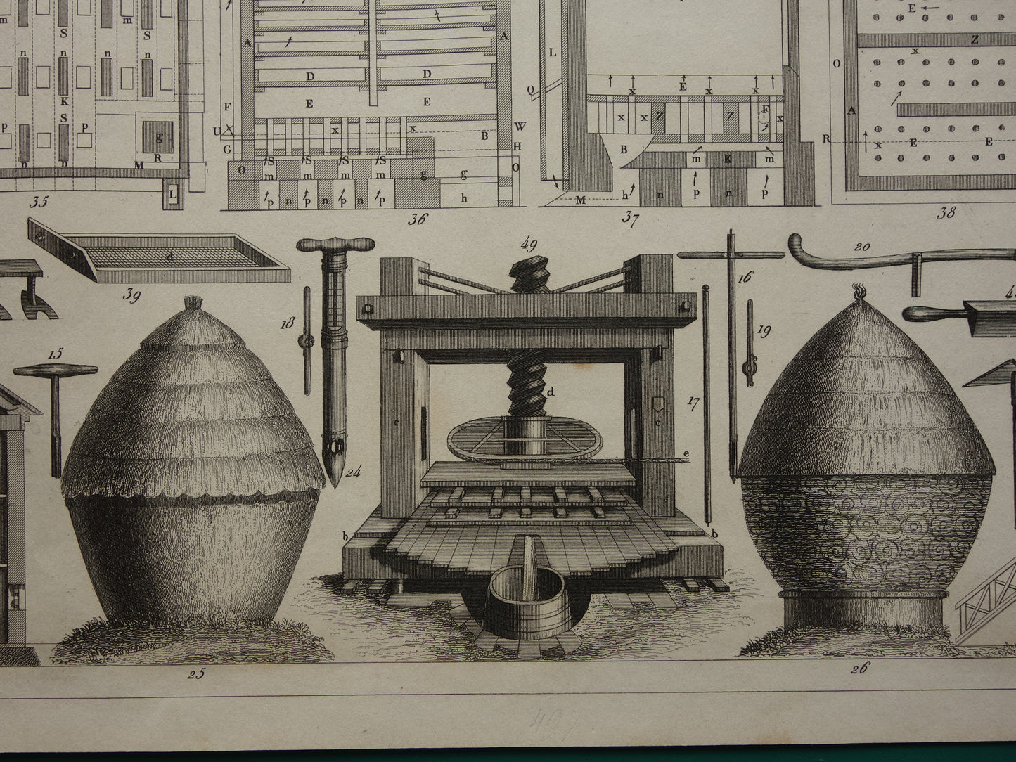 BOERDERIJ oude technologie prent over gereedschap machines op boerderij vintage landbouw print illustratie boer antieke prints