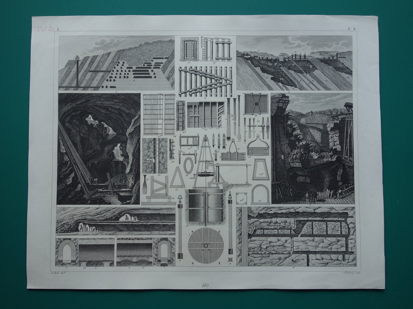 MIJNBOUW Oude prent over Mijnen Originele antieke print Mijn Mijnwerker Mijnschacht Gereedschap Vintage technologie prints