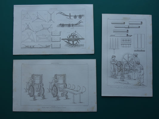 LANDBOUW Set van 3 antieke prenten Gereedschap Machines Boerderij Oude Franse Print Illustratie Ploeg Drainage