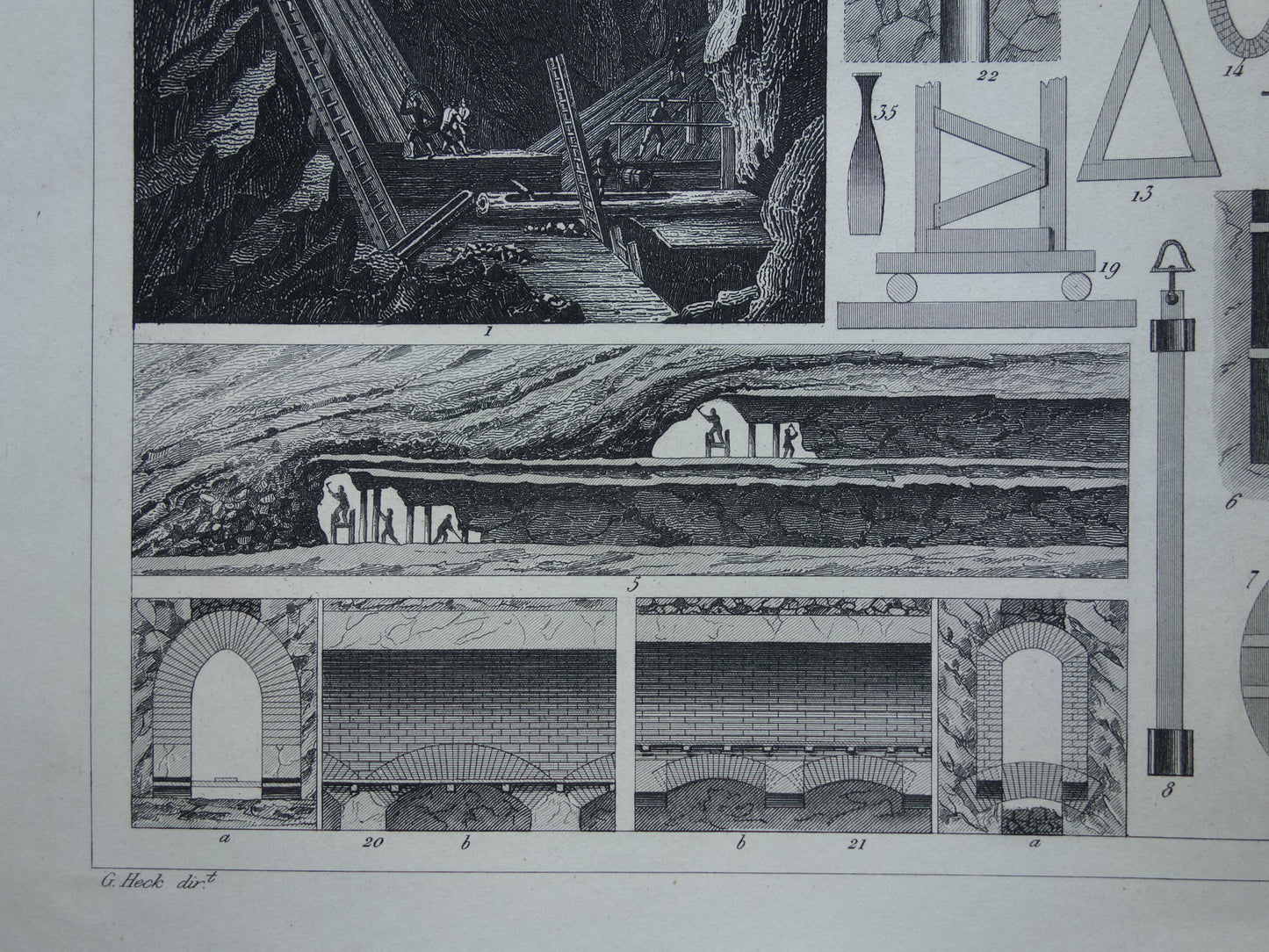 MIJNBOUW Oude prent over Mijnen Originele antieke print Mijn Mijnwerker Mijnschacht Gereedschap Vintage technologie prints
