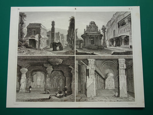 Oude tempels in India antieke architectuur prent 1849 originele vintage illustratie Indiase tempel vintage prints Grotten van Ellora