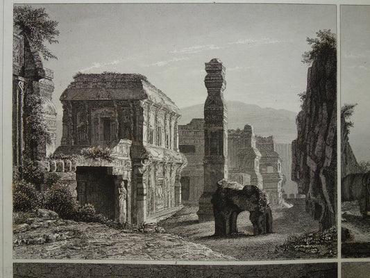 Oude tempels in India antieke architectuur prent 1849 originele vintage illustratie Indiase tempel vintage prints Grotten van Ellora