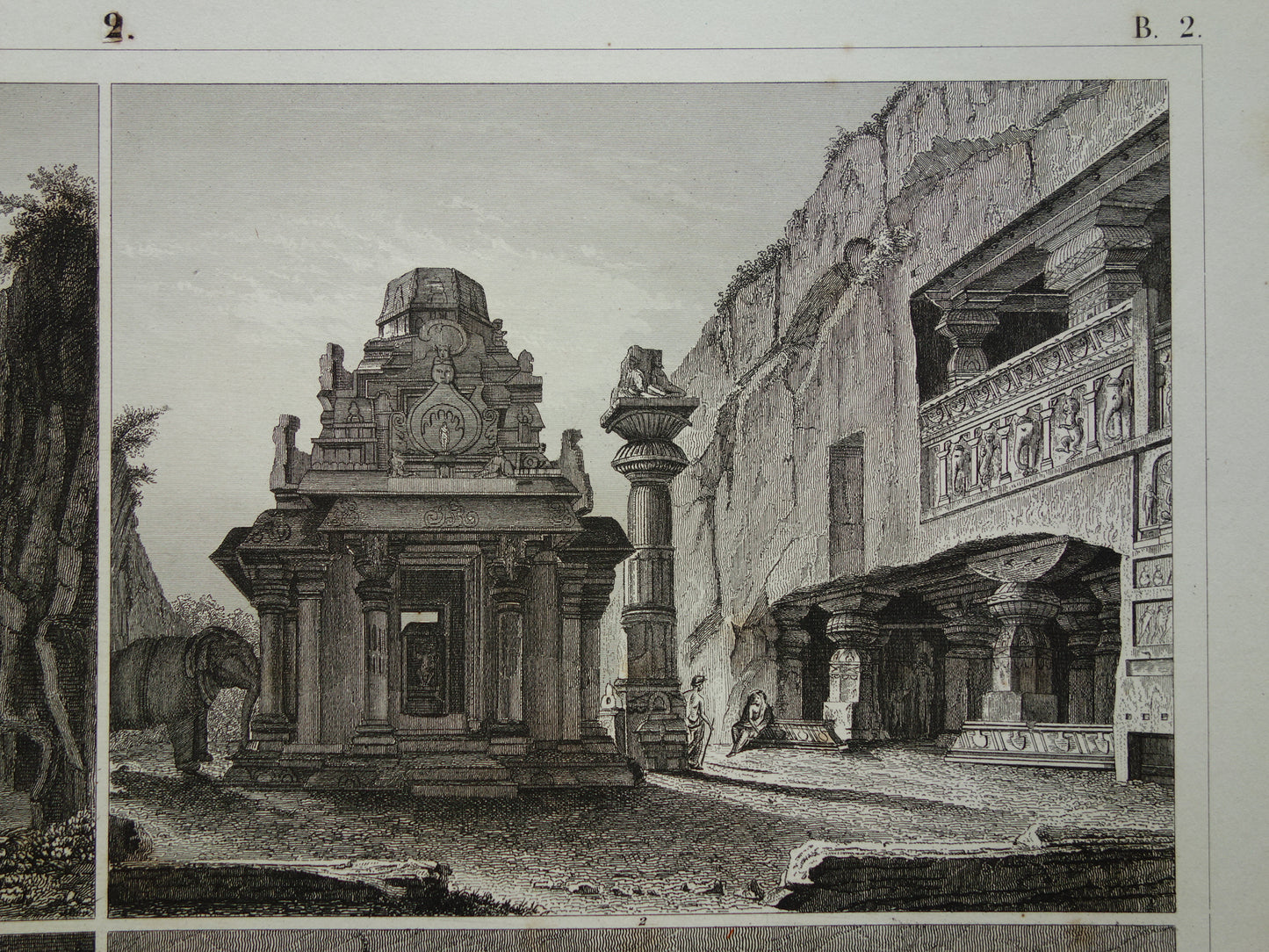 Oude tempels in India antieke architectuur prent 1849 originele vintage illustratie Indiase tempel vintage prints Grotten van Ellora