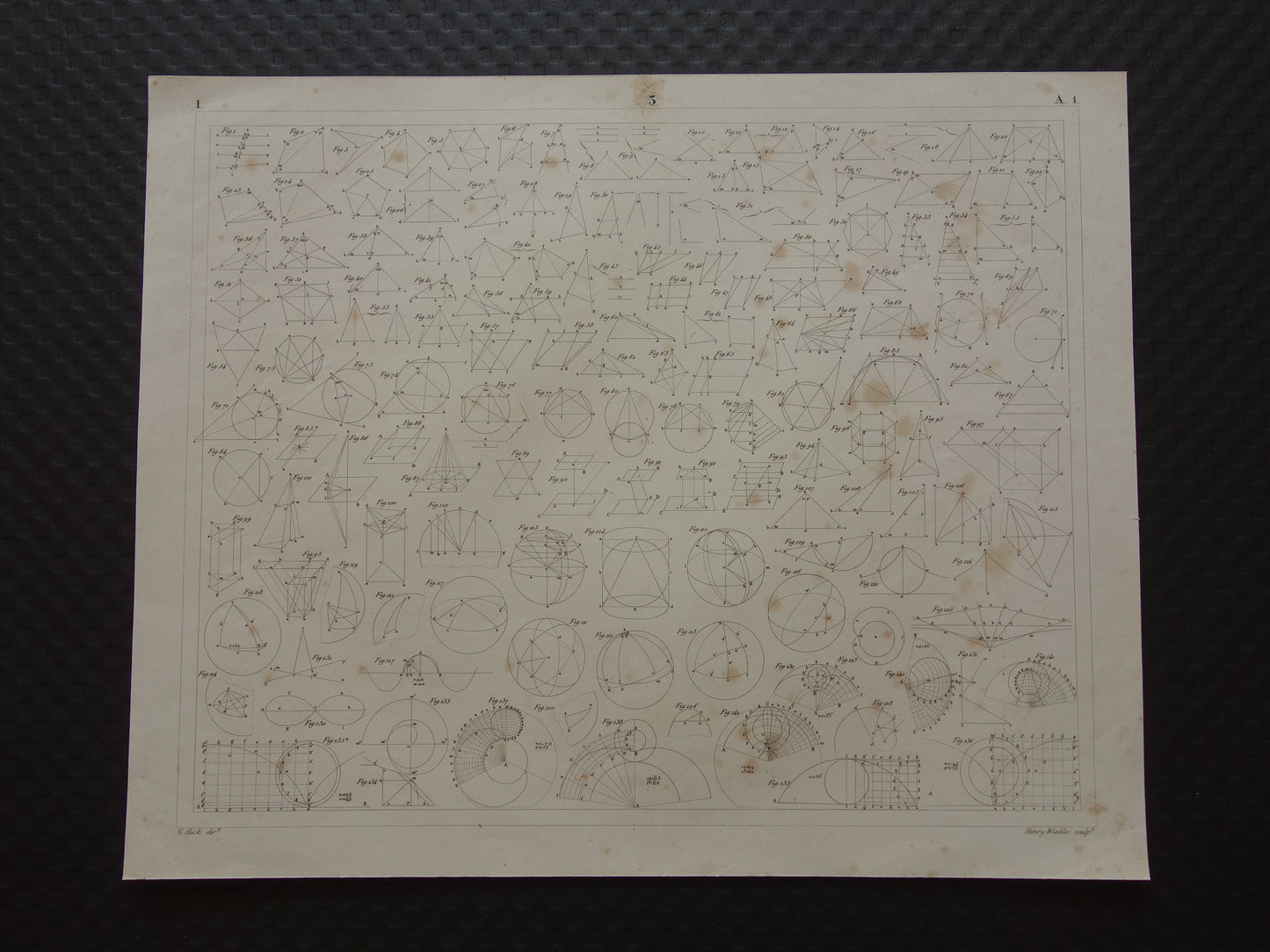 Oude geometrie prenten uit 1849 set van 3 originele antieke prints trigonometrie stereometrie kegels vintage illustratie wiskunde