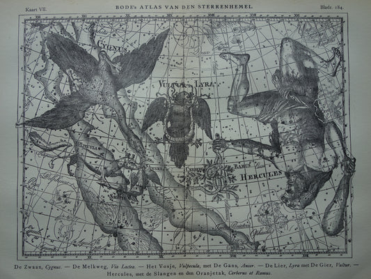 Oude astronomie prent van sterrenbeelden Hercules Cygnus en Vultur Lyra Antieke sterrenkaart astrologie sterrenbeeld vintage print