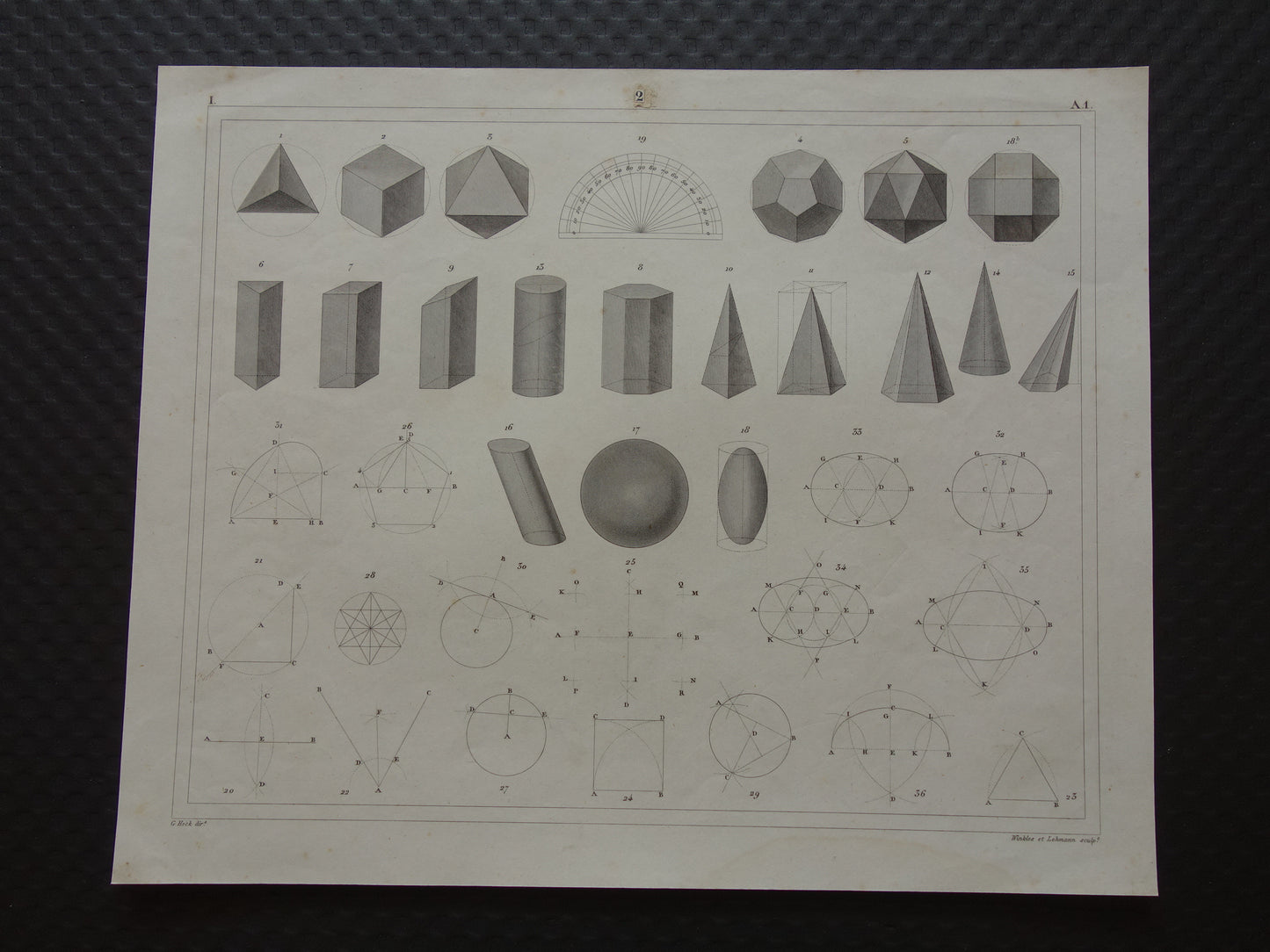 Oude geometrie prenten uit 1849 set van 3 originele antieke prints trigonometrie stereometrie kegels vintage illustratie wiskunde