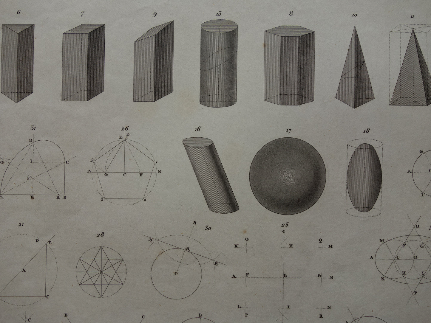 Oude geometrie prenten uit 1849 set van 3 originele antieke prints trigonometrie stereometrie kegels vintage illustratie wiskunde