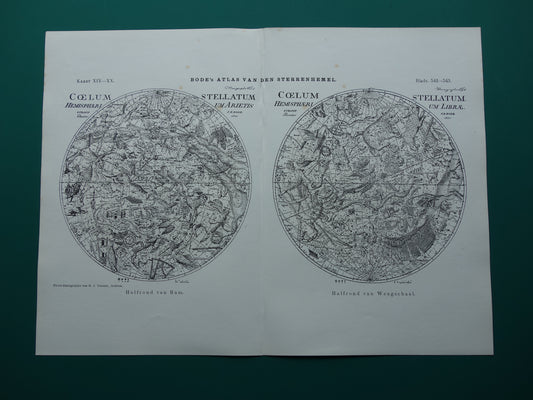 Antieke astronomie prent van de noordelijke en zuidelijke sterrenhemel 1898 originele vintage print sterrenbeelden oude astrologie print