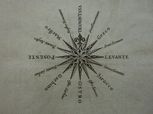 1661 Oude wetenschappelijke prent over aanduidingen van windrichtingen met Nederlandse Windroos Kompasroos