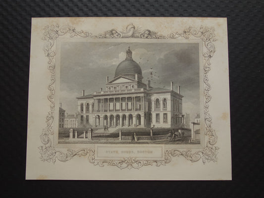 Oude gravure van Massachusetts State House in Boston Originele antieke architectuur illustratie Vintage prenten