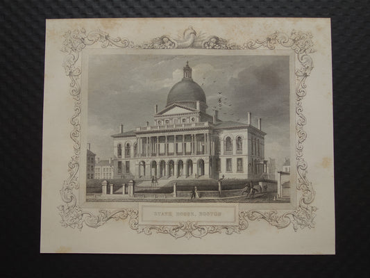 Oude gravure van Massachusetts State House in Boston Originele antieke architectuur illustratie Vintage prenten