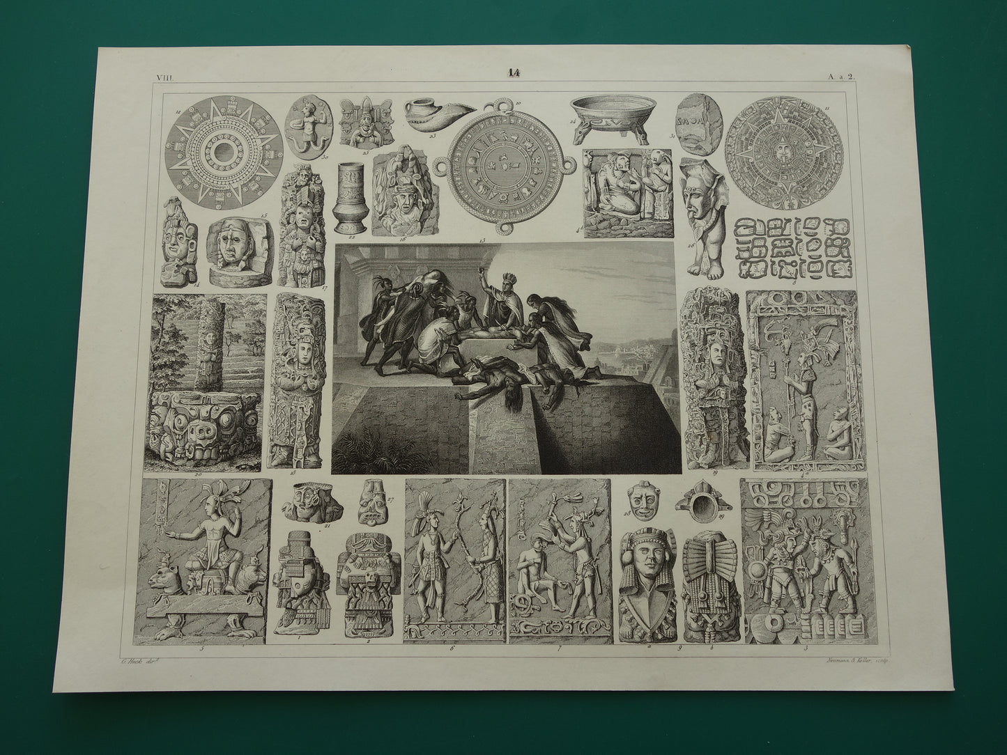 Mexikaanse Azteekse religie antieke print originele 1849 oude illustratie Azteken sculpturen rituelen vintage religie prenten mensoffer