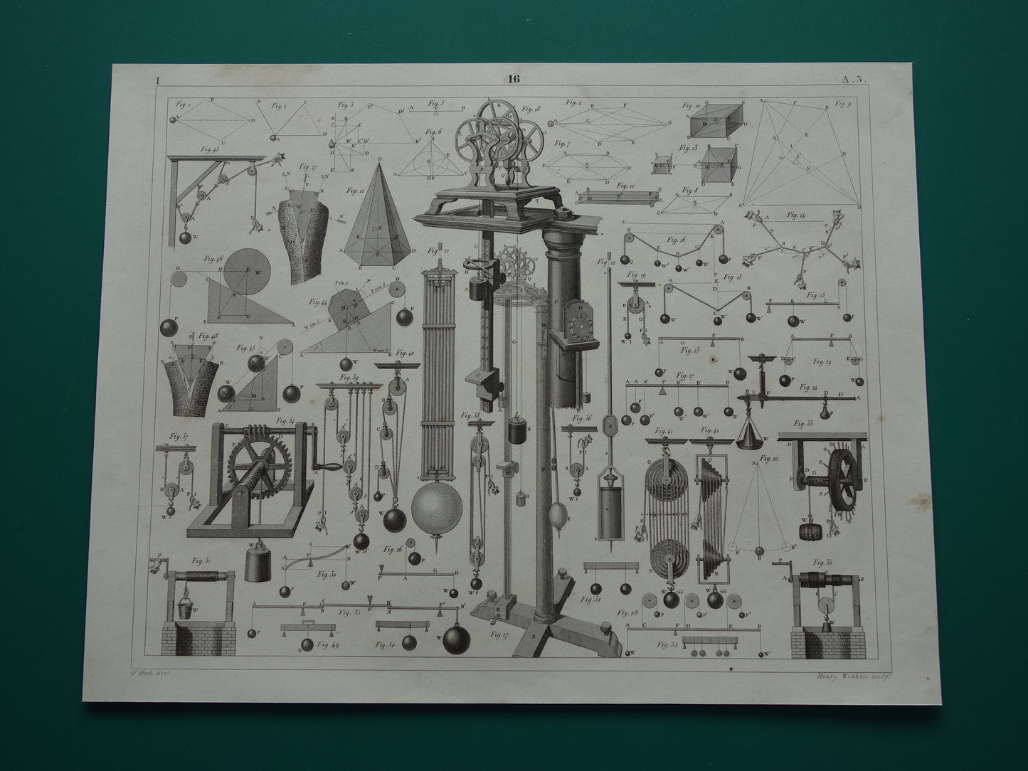 Natuurkunde oude prent katrollen 1849 originele antieke illustratie wetenschappelijke experimenten vintage print