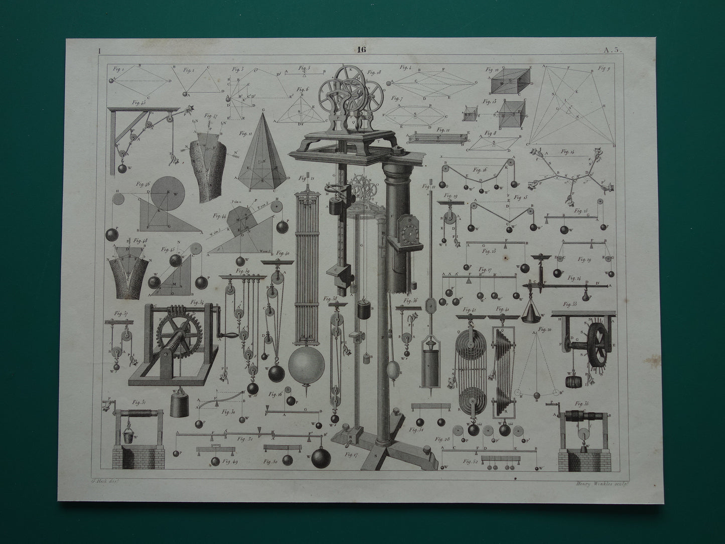 Natuurkunde oude prent katrollen 1849 originele antieke illustratie wetenschappelijke experimenten vintage print