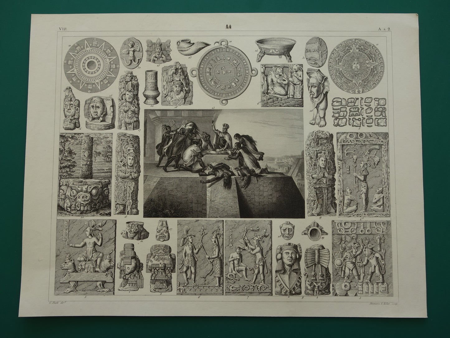 Mexikaanse Azteekse religie antieke print originele 1849 oude illustratie Azteken sculpturen rituelen vintage religie prenten mensoffer