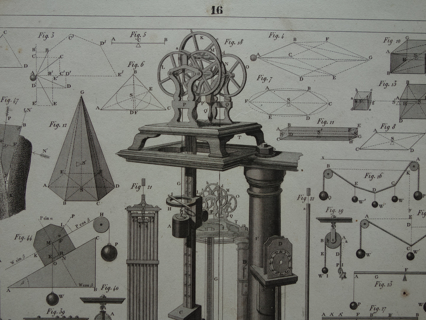 Natuurkunde oude prent katrollen 1849 originele antieke illustratie wetenschappelijke experimenten vintage print