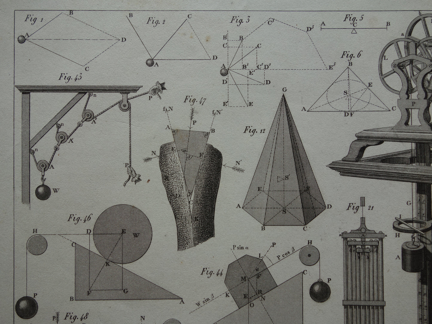 Natuurkunde oude prent katrollen 1849 originele antieke illustratie wetenschappelijke experimenten vintage print