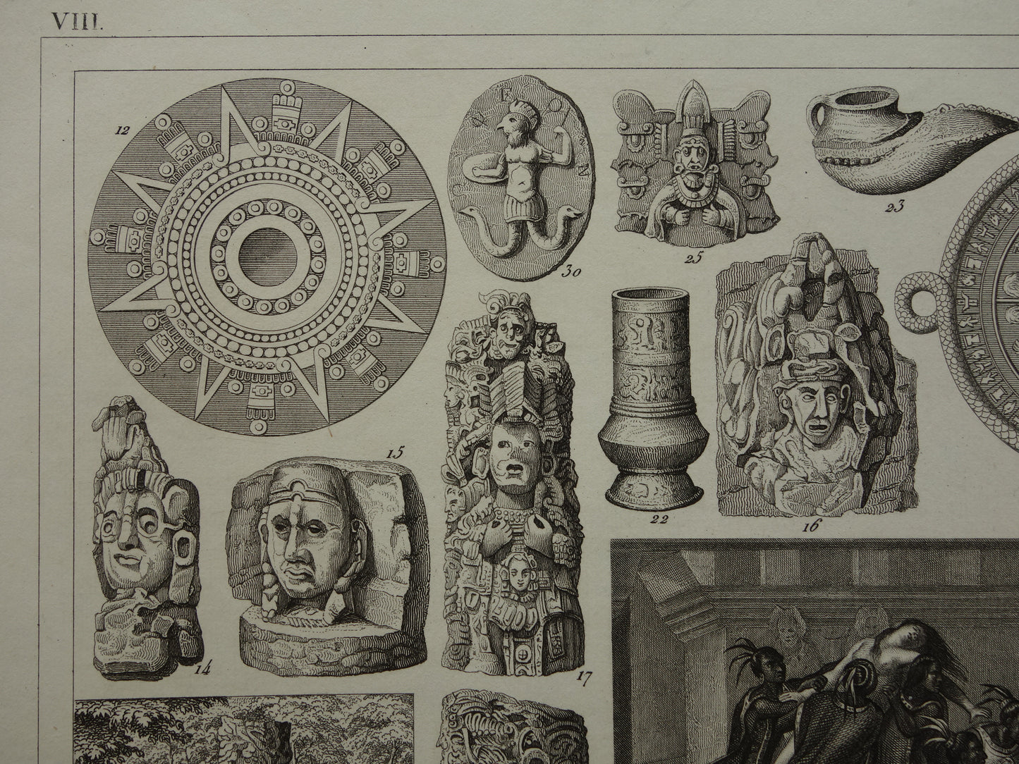 Mexikaanse Azteekse religie antieke print originele 1849 oude illustratie Azteken sculpturen rituelen vintage religie prenten mensoffer