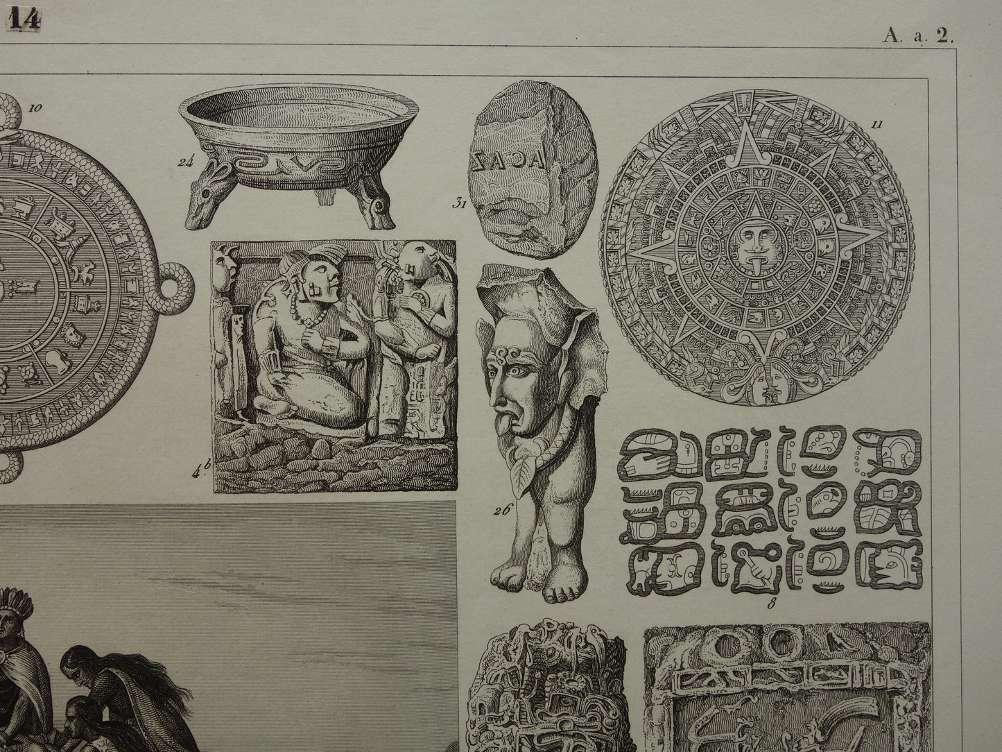 Mexikaanse Azteekse religie antieke print originele 1849 oude illustratie Azteken sculpturen rituelen vintage religie prenten mensoffer