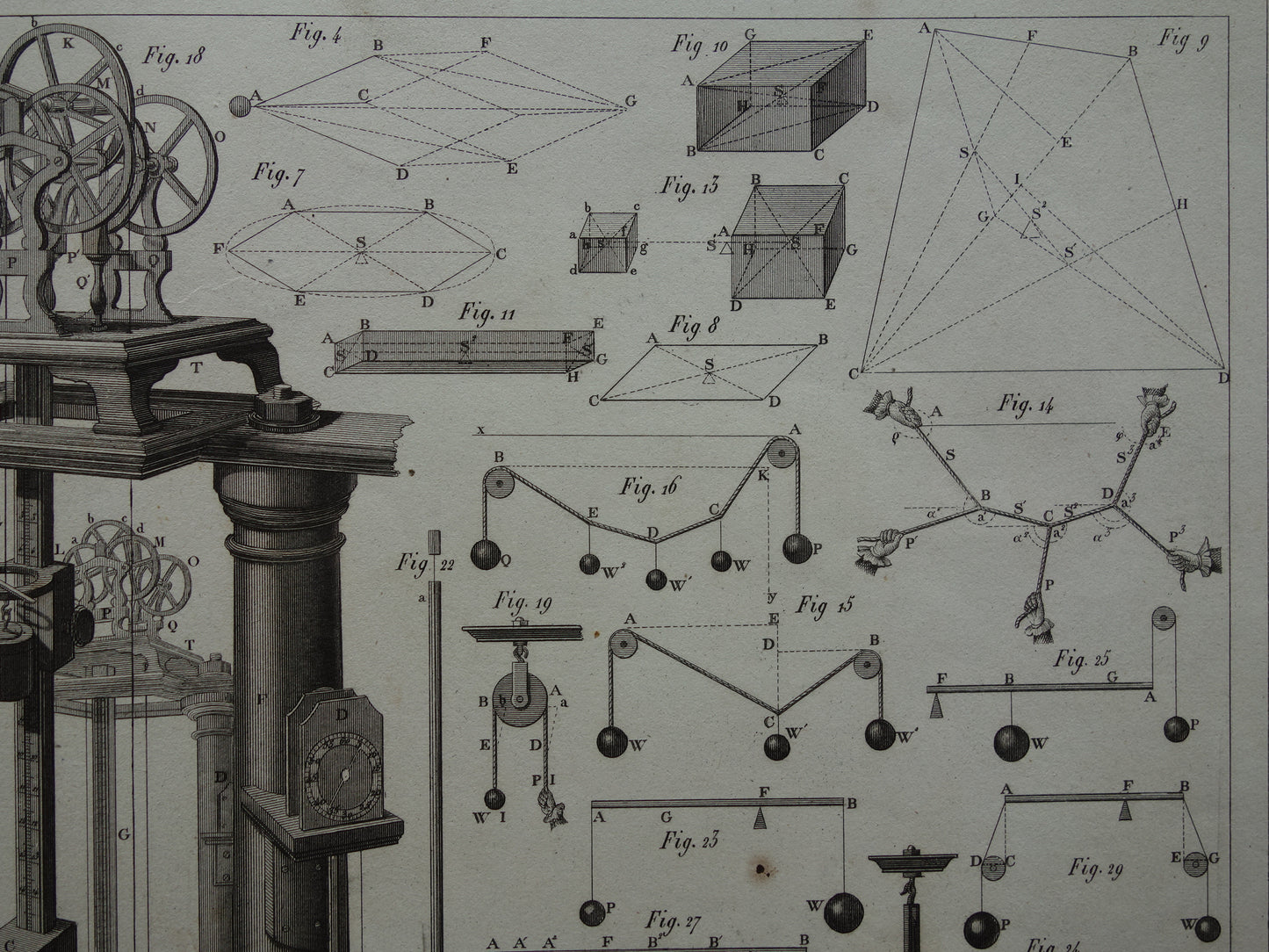 Natuurkunde oude prent katrollen 1849 originele antieke illustratie wetenschappelijke experimenten vintage print