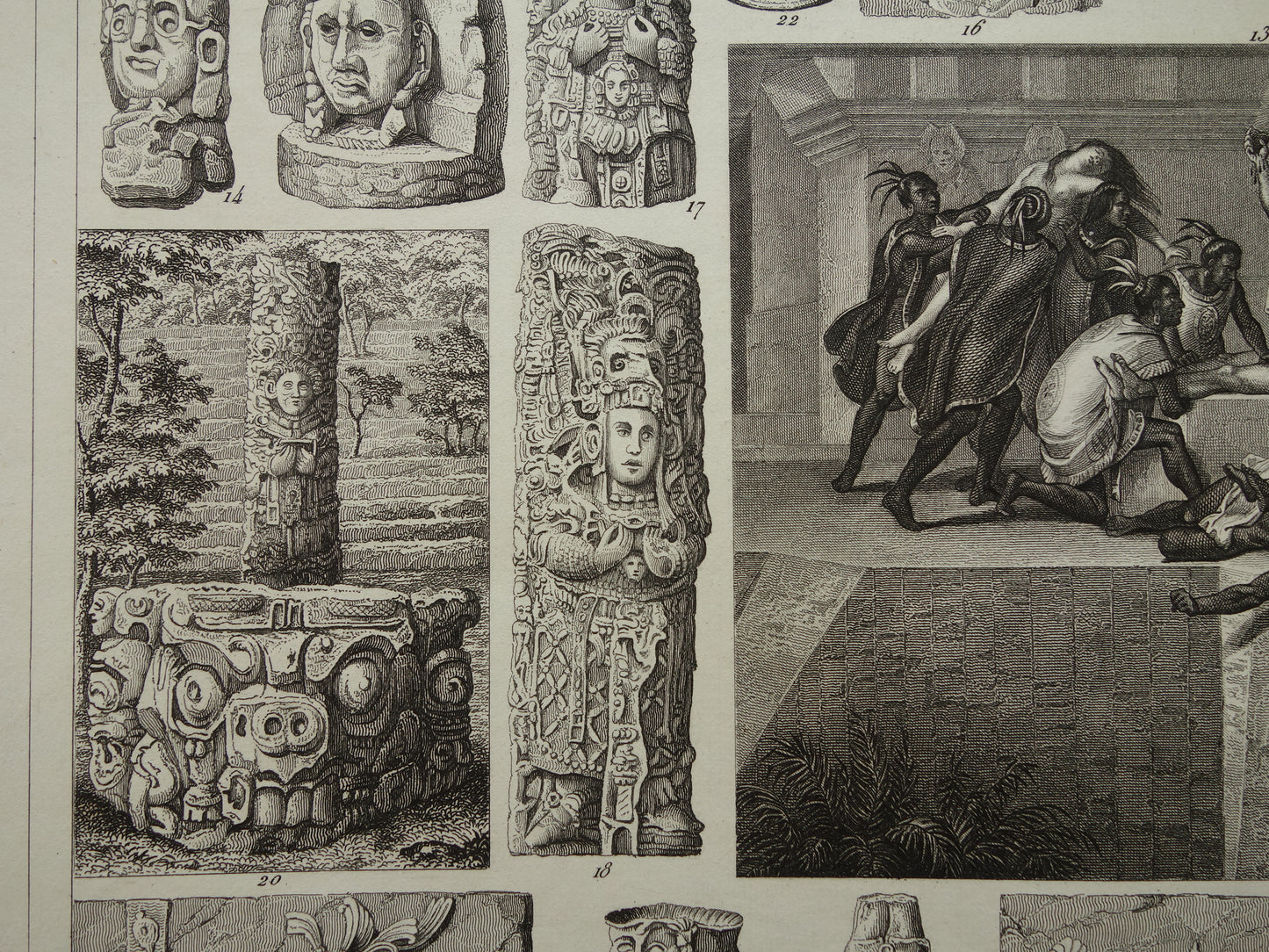 Mexikaanse Azteekse religie antieke print originele 1849 oude illustratie Azteken sculpturen rituelen vintage religie prenten mensoffer