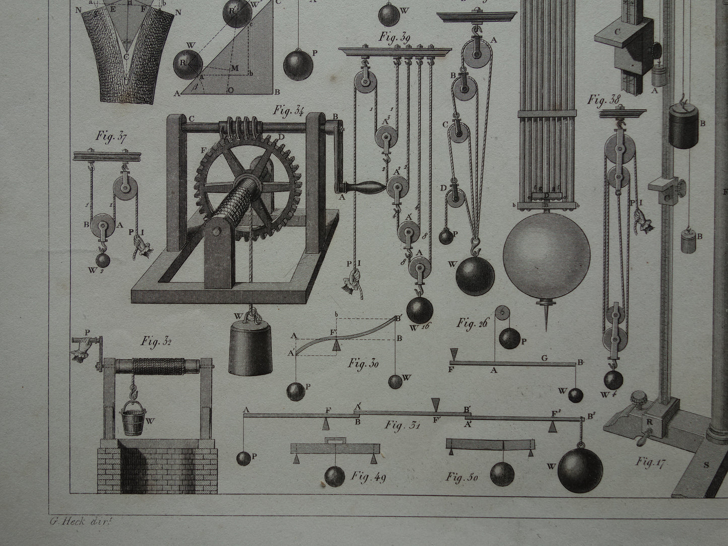 Natuurkunde oude prent katrollen 1849 originele antieke illustratie wetenschappelijke experimenten vintage print