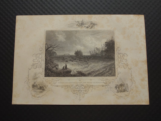 Oude gravure Niagara Falls Originele antieke illustratie waterval Vintage prenten VS