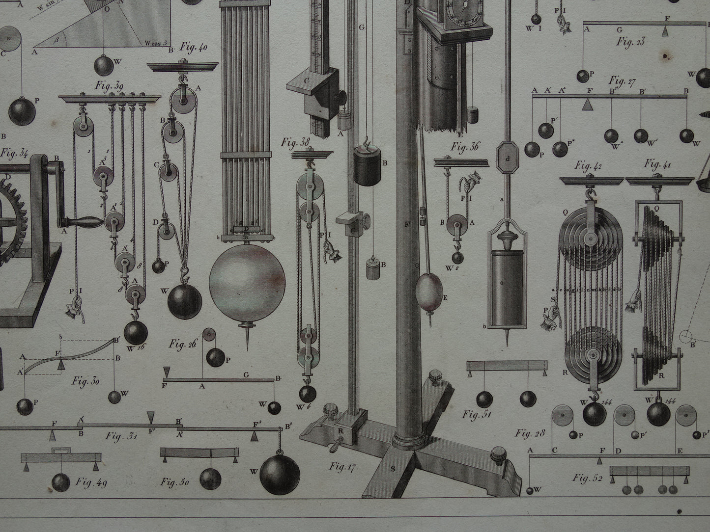 Natuurkunde oude prent katrollen 1849 originele antieke illustratie wetenschappelijke experimenten vintage print