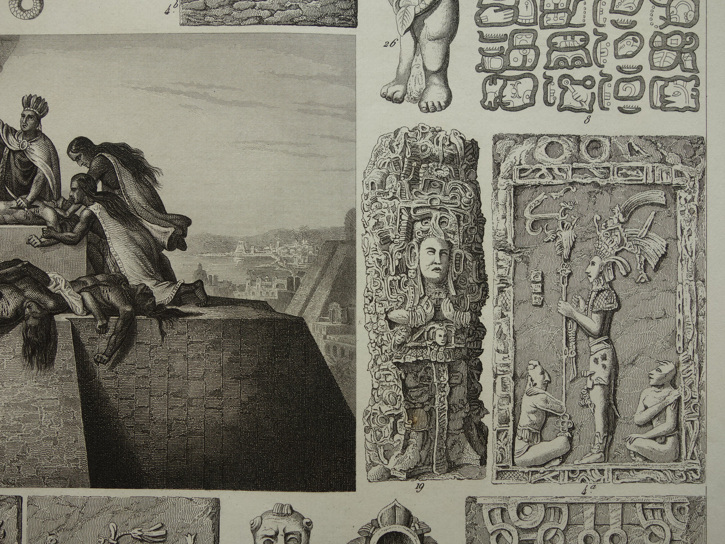 Mexikaanse Azteekse religie antieke print originele 1849 oude illustratie Azteken sculpturen rituelen vintage religie prenten mensoffer