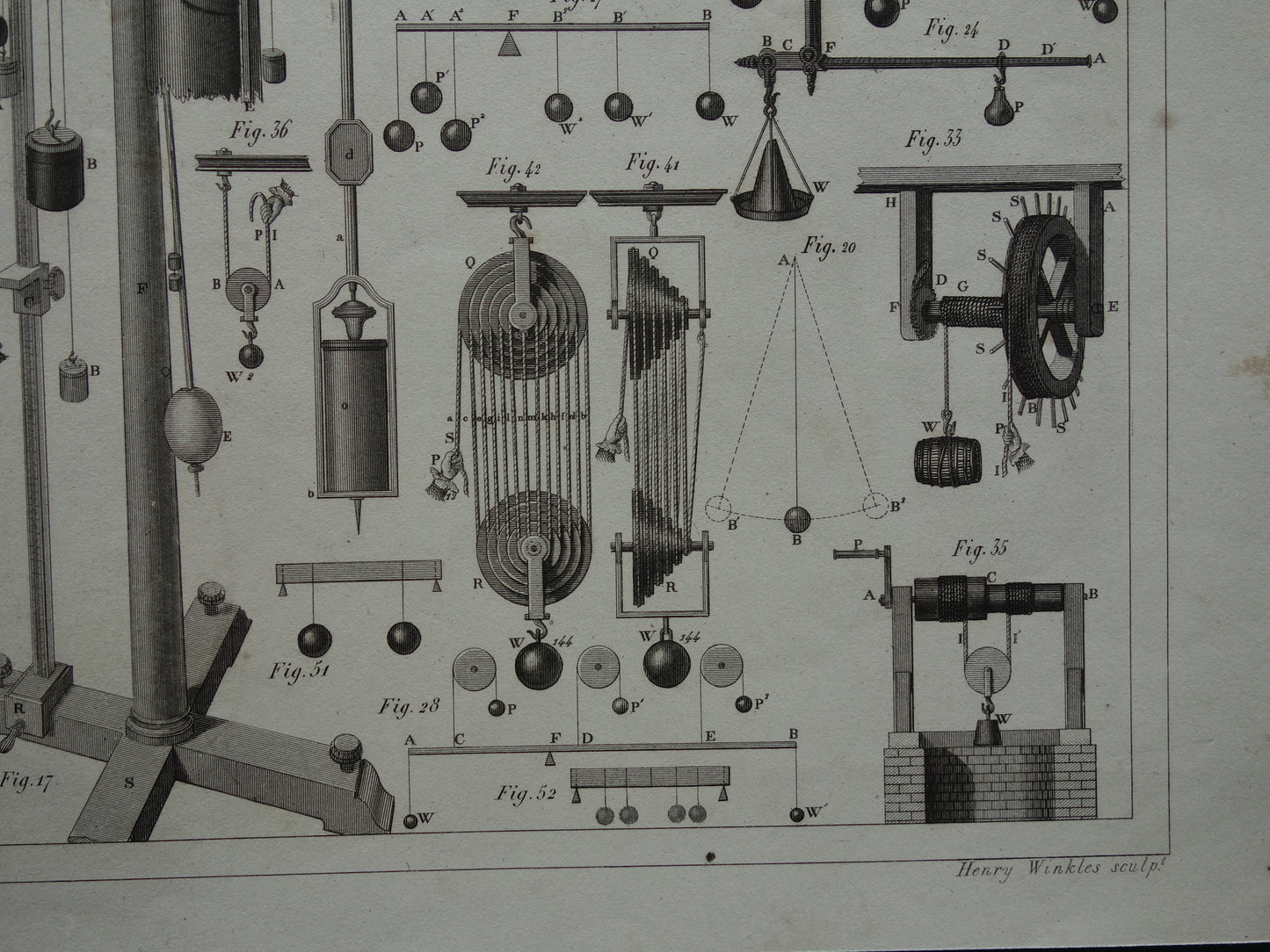 Natuurkunde oude prent katrollen 1849 originele antieke illustratie wetenschappelijke experimenten vintage print